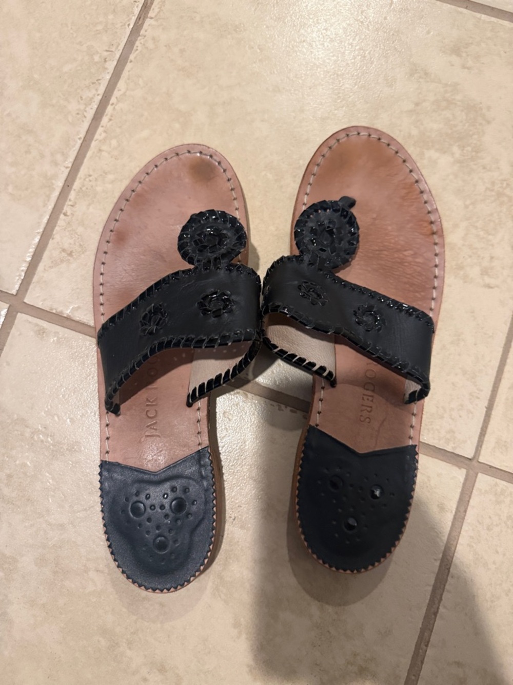 Jack Rogers Black Leather Embellished Slide Sandals